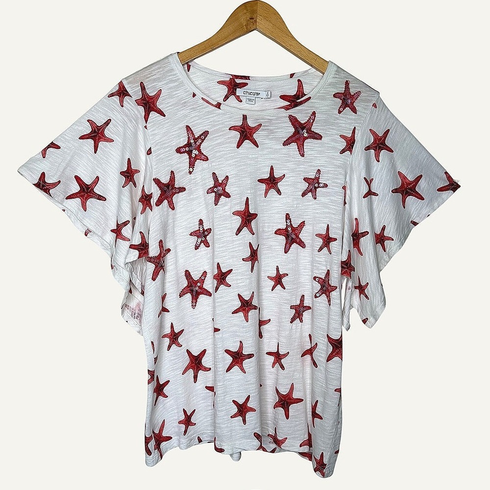 Chico's Starfish Sequin Top Women 2‎ L White Red Good Flutter Sleeve Coastal Tee